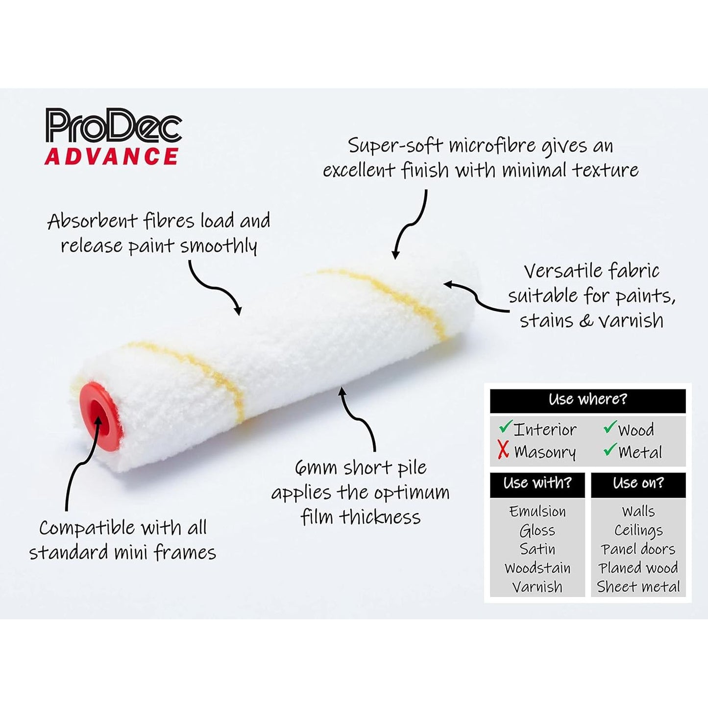 ProDec Advance Short Pile Microfibre Paint Roller & Frame (10 Pack) 4" /100mm