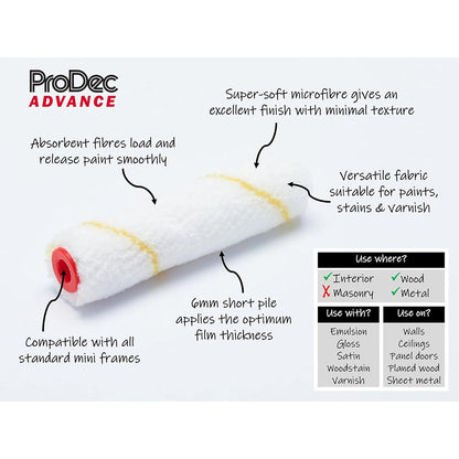 ProDec Advance Short Pile Microfibre Paint Roller & Frame (10 Pack) 4" /100mm