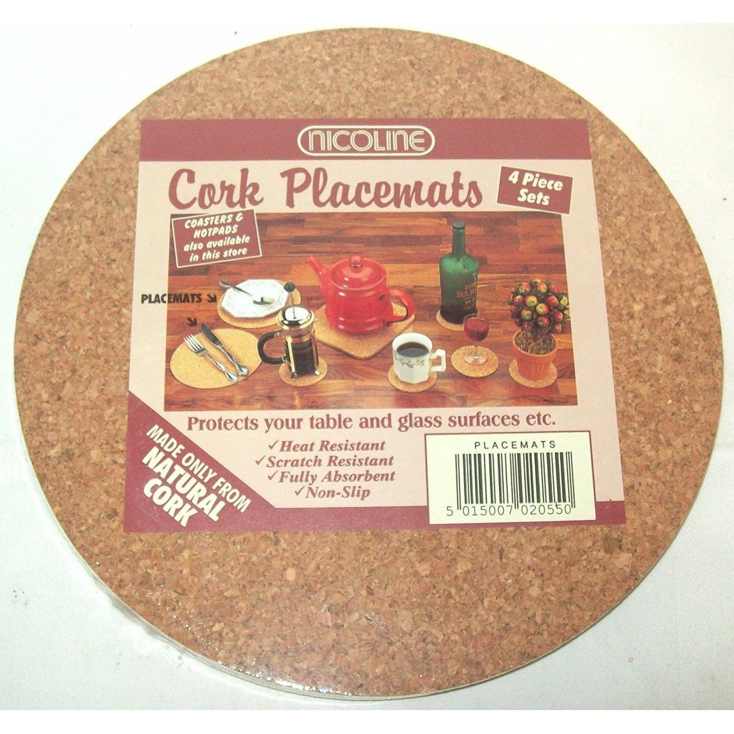 Nicoline Set of 4 Natural Cork Round Placemats 8" / 20cm